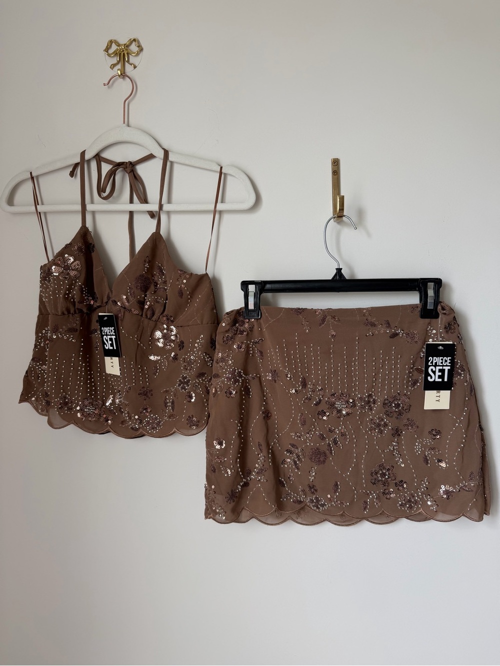 Brown beaded Sequin halter top and Mini Skirt 2 Piece Set - Picture 1 of 7